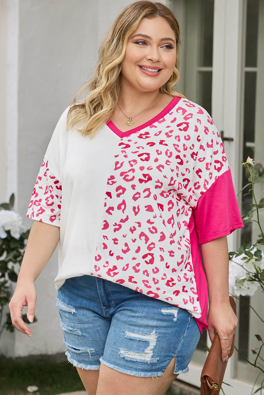 Plus Size Leopard Patchwork Short Sleeve Top | Rose