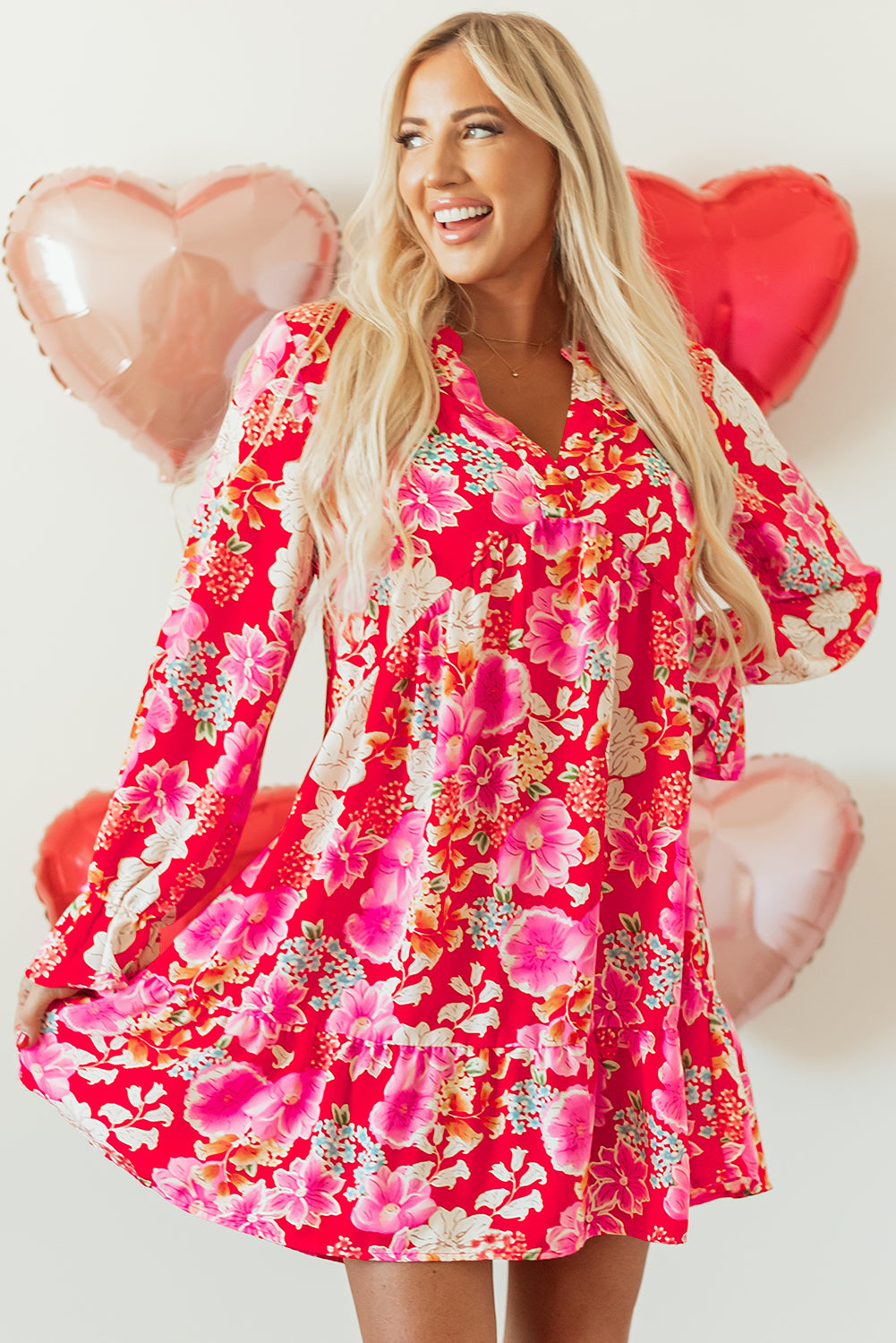 Floral Print High Waist V Neck Babydoll Mini Dress | Red