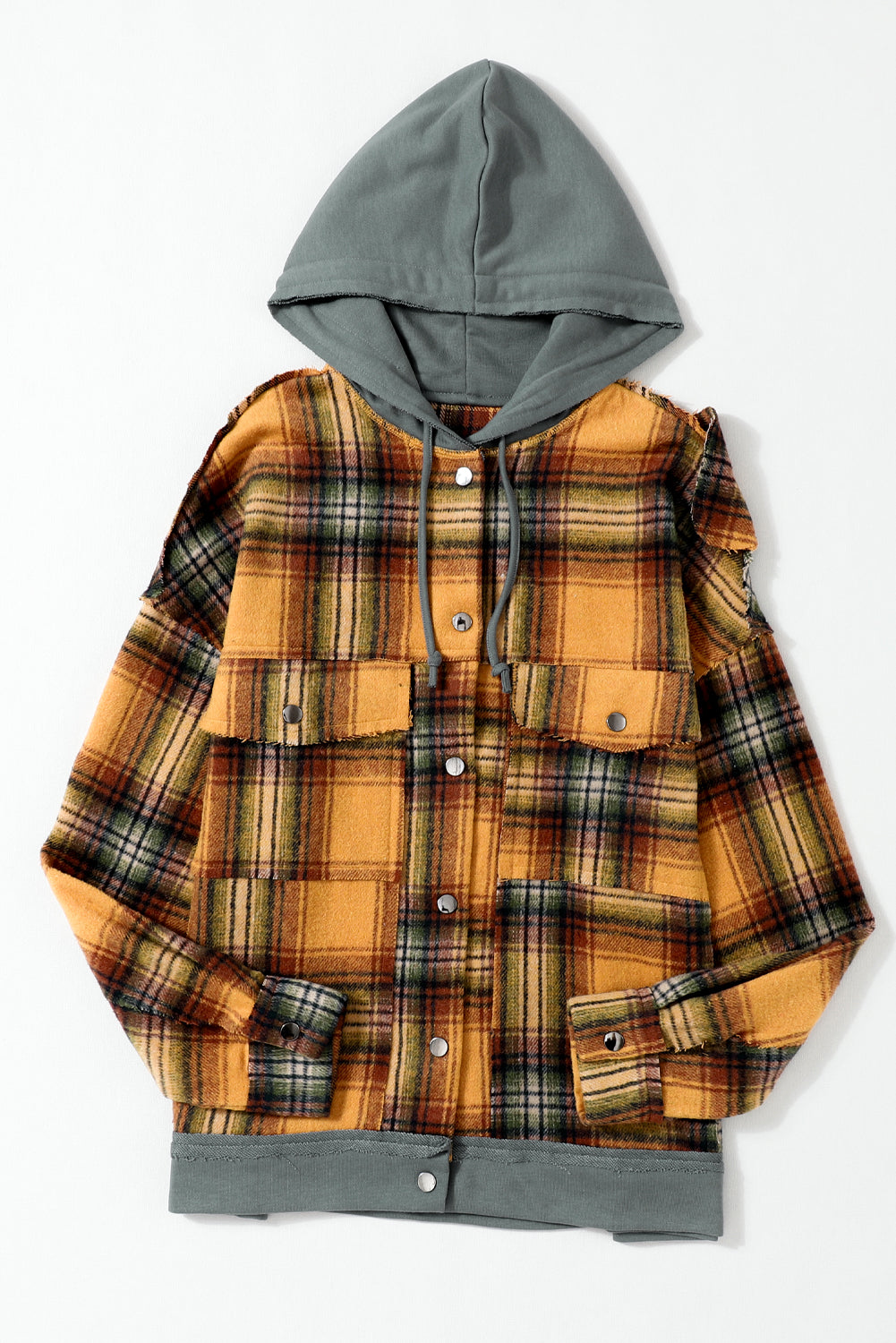 Plaid Patch Hooded Frayed Snap Button Jacket | Orange