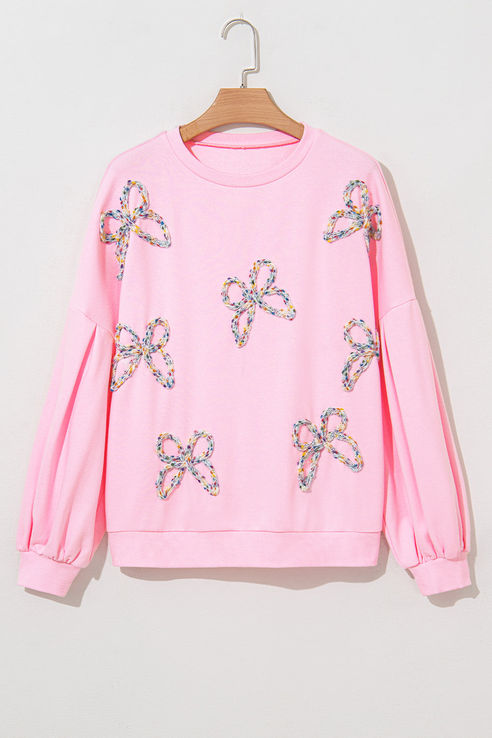 Embroidered Bow Lantern Sleeve Oversized Pullover Sweatshirt | Light Pink