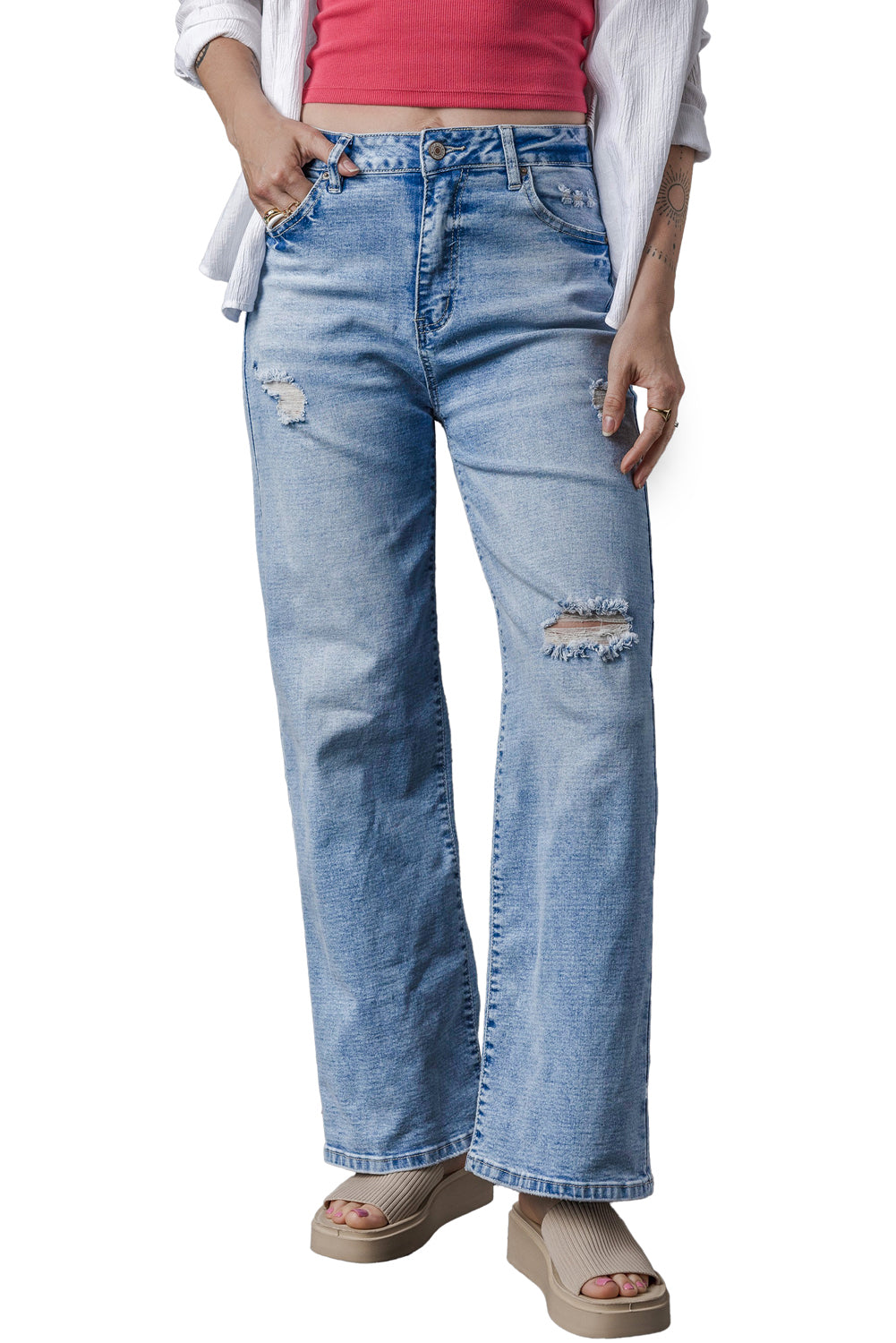 High Rise Distressed Straight Leg Jeans | Light Blue