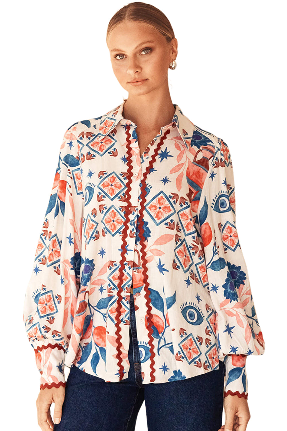 Western Printed Ric Rac Bishop Sleeve Button Up Shirt | Multicolour