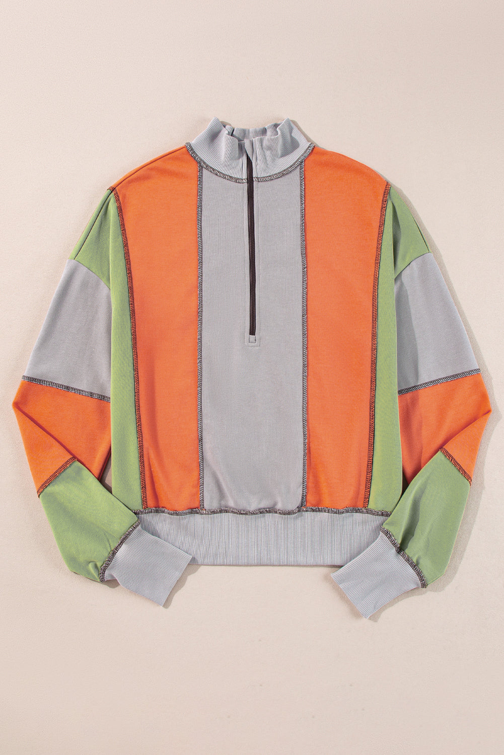 Colour Block Stitching Detail Half Zipper Sweatshirt | Light Grey