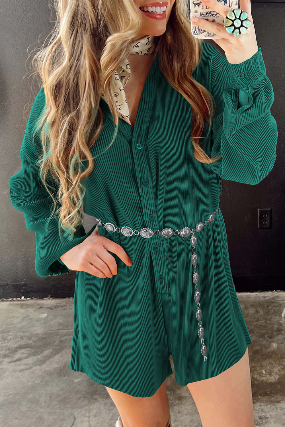 Ribbed Long Sleeve Button Front Romper | Sea Green