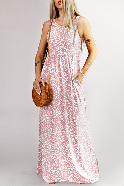 Leopard Print Pocketed Sleeveless Maxi Dress | Pink