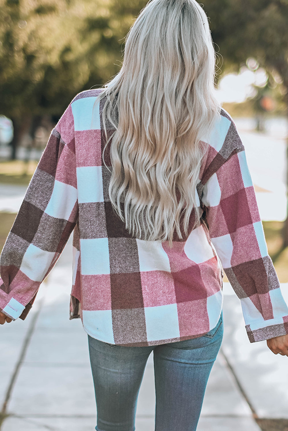 Plaid Colour Block Buttoned Long Sleeve Jacket With Pocket | Red