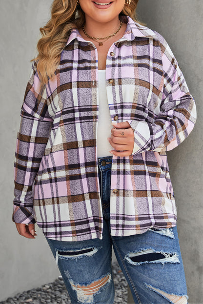 Plus Size Plaid Fringed Back Button Shacket | Pink