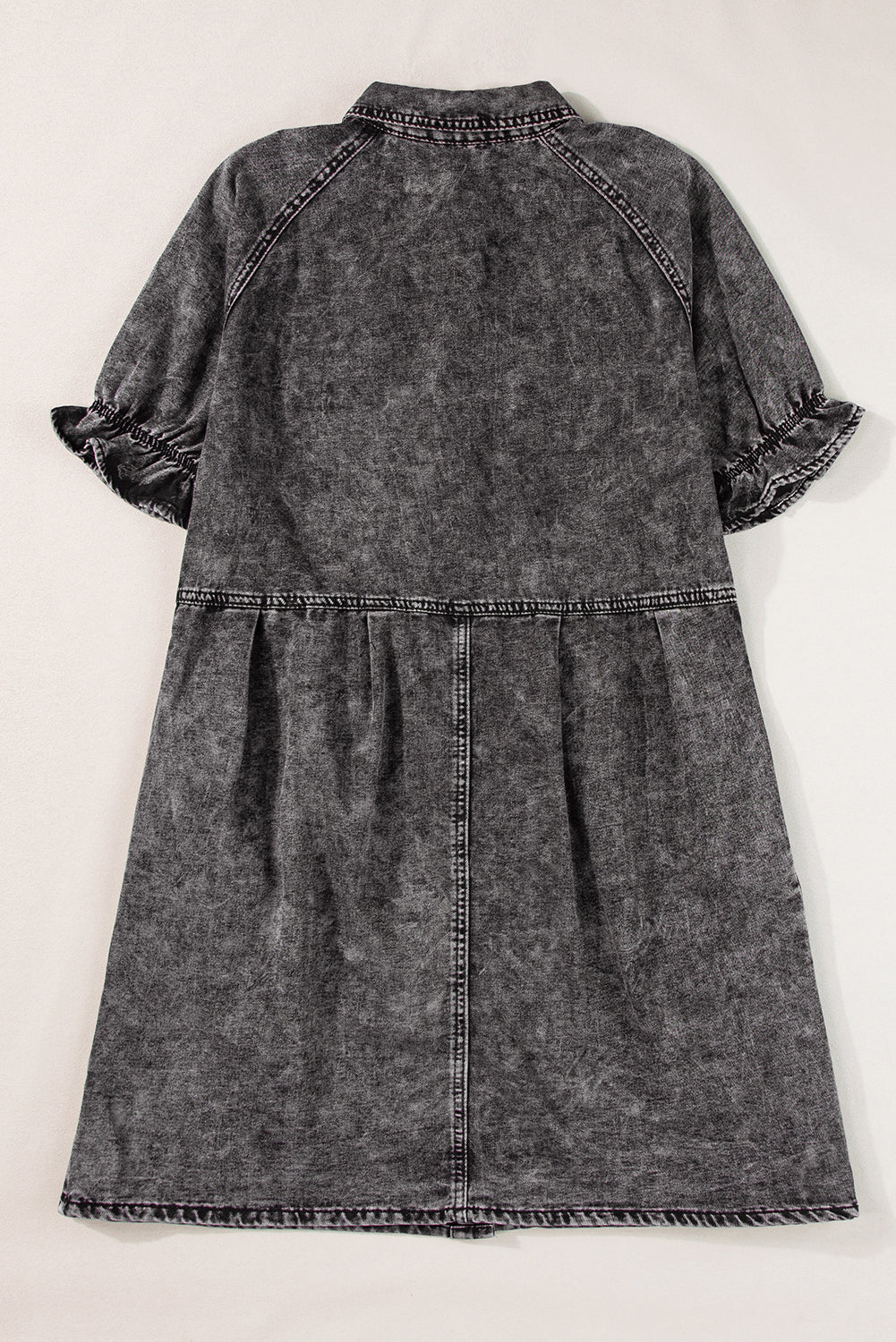 Mineral Wash Ruffled Short Sleeve Buttoned Denim Dress | Medium Grey