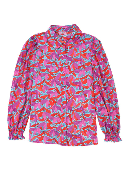 Abstract Floral Button Up Long Puff Sleeve Shirt | Multicolour