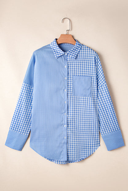 Plaid Patchwork Button Up Long Sleeve Shirt | Sky Blue Stripe