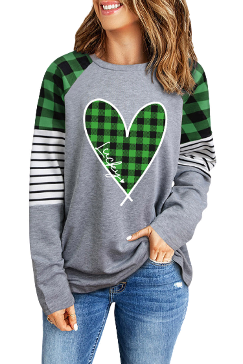 Lucky Plaid Heart Striped Colour Block Long Sleeve Top | Green