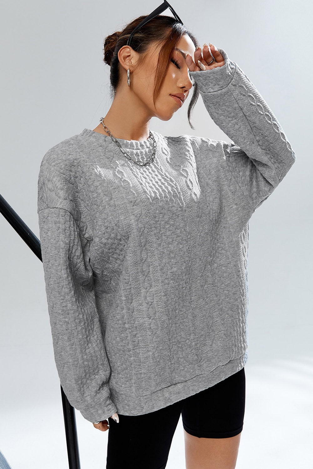 Cable Textured Drop Shoulder Pullover Sweatshirt | Gray