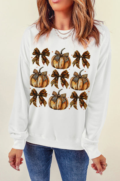 Pumpkin Leopard Bow Knot Print Pullover Sweatshirt | Beige