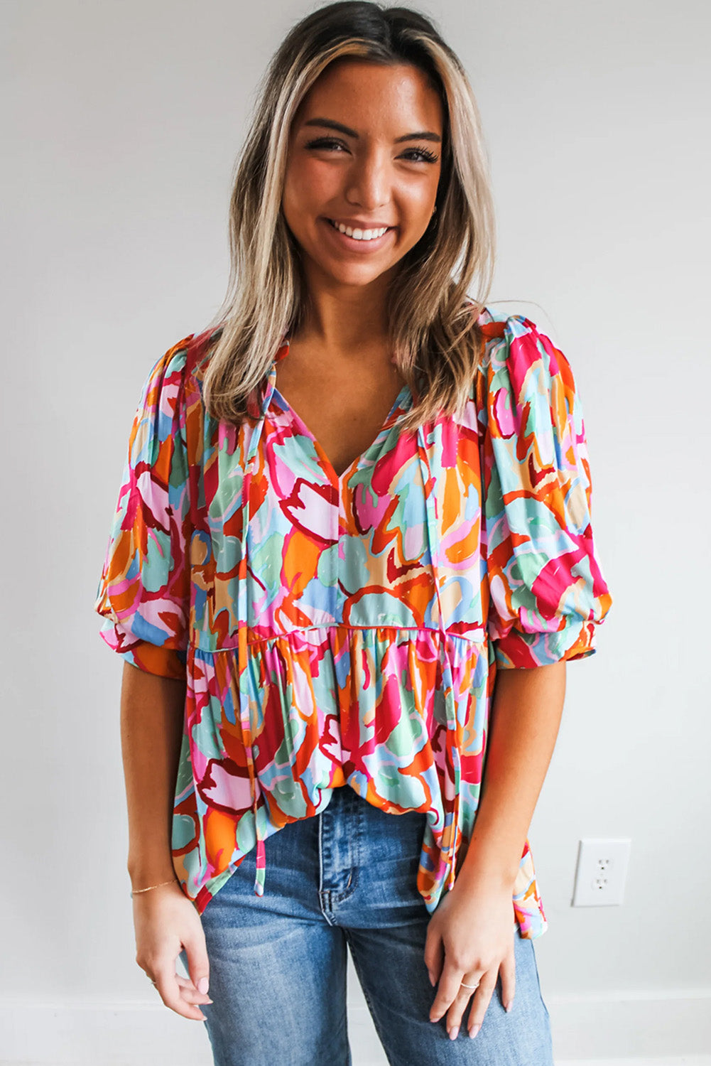 Abstract Print Drawstring V Neck Half Sleeve Blouse | Rose Red