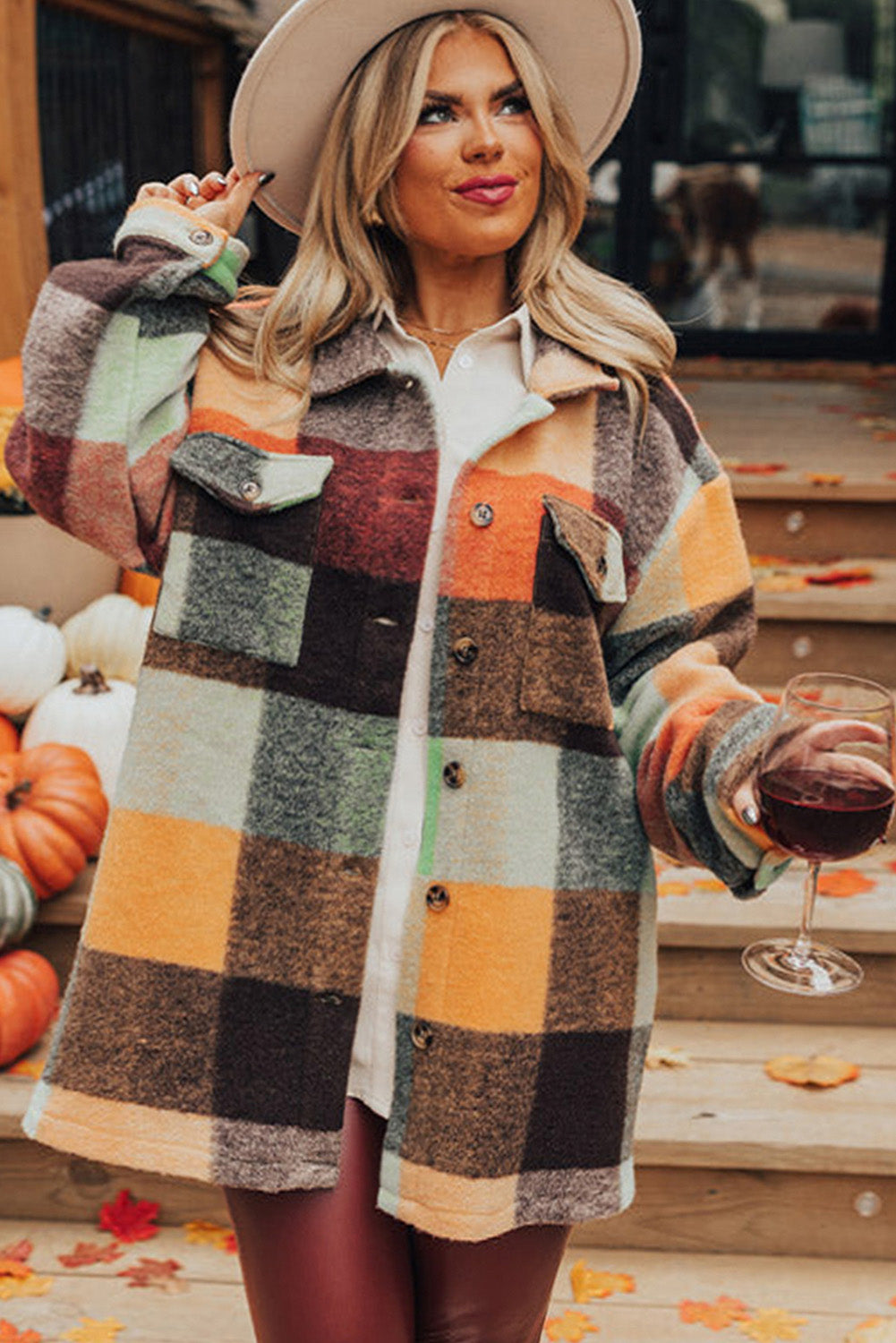 Plaid Print Flap Pocket Long Jacket | Orange