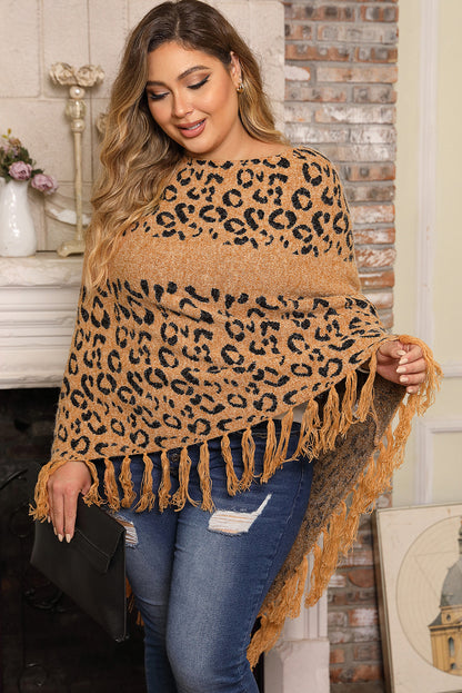 Plus Size Tasseled Hem Draped Poncho | Leopard