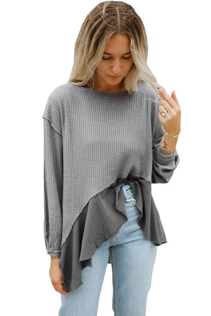 Waffle Long Sleeve Ruffled Patchwork Top | Medium Grey