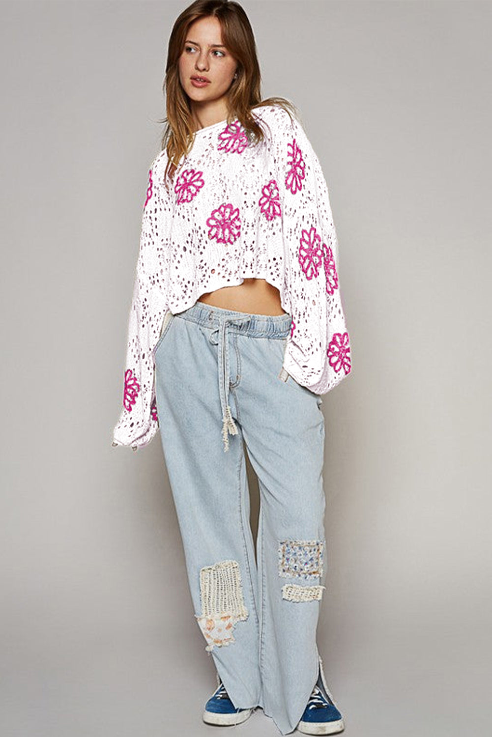 Contrast Flower Print Eyelet Drop Shoulder Sweater | White