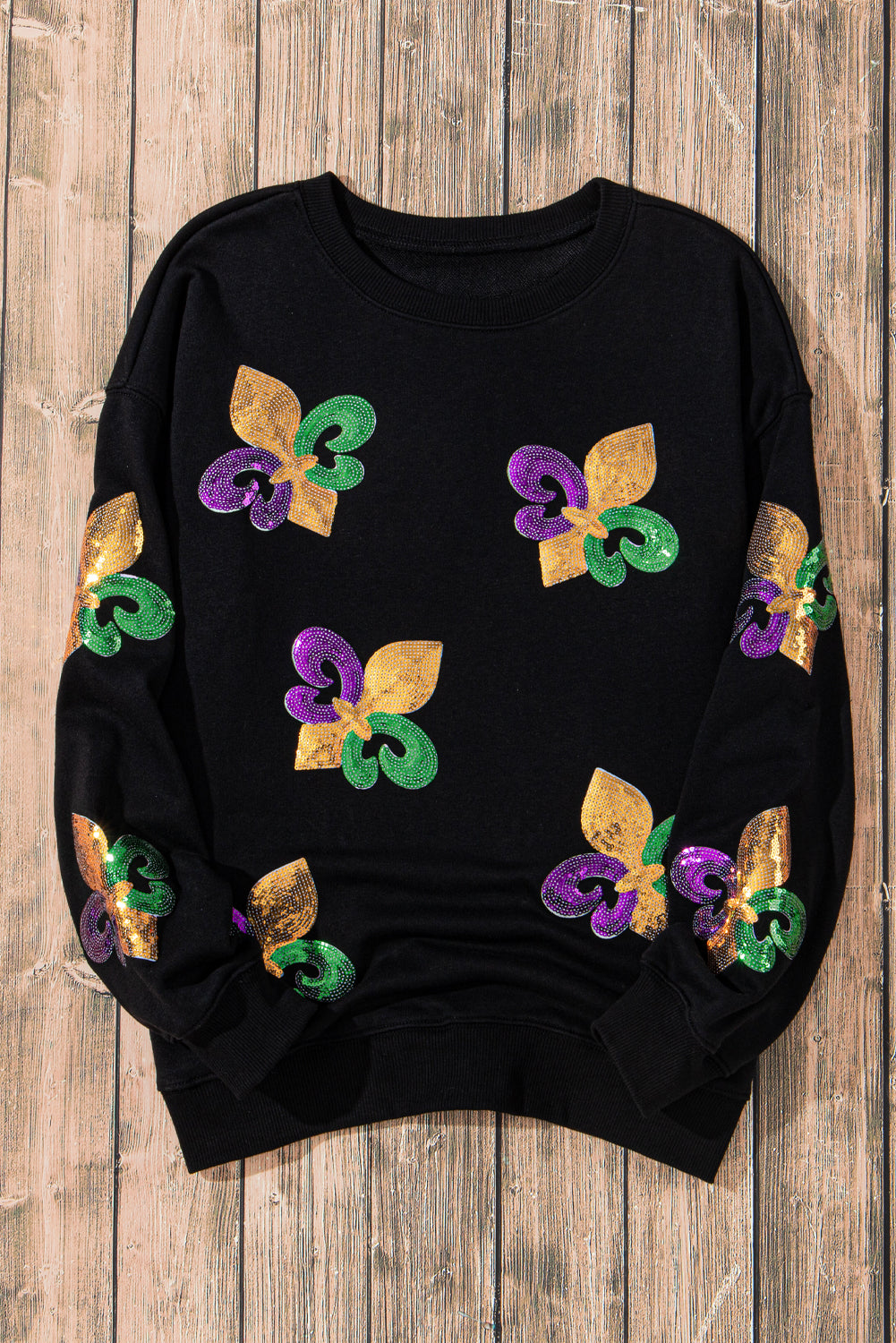 Sequin Mardi Gras Graphic Pullover Sweatshirt | Black