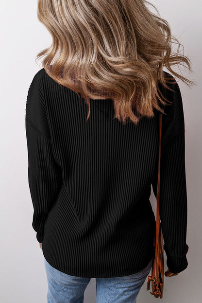 Solid Colour Corded Drop Shoulder Long Sleeve Top | Black