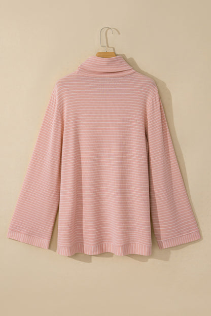 Cowl Neck Side Slits Loose Fit Long Sleeve Top | Pink Stripe