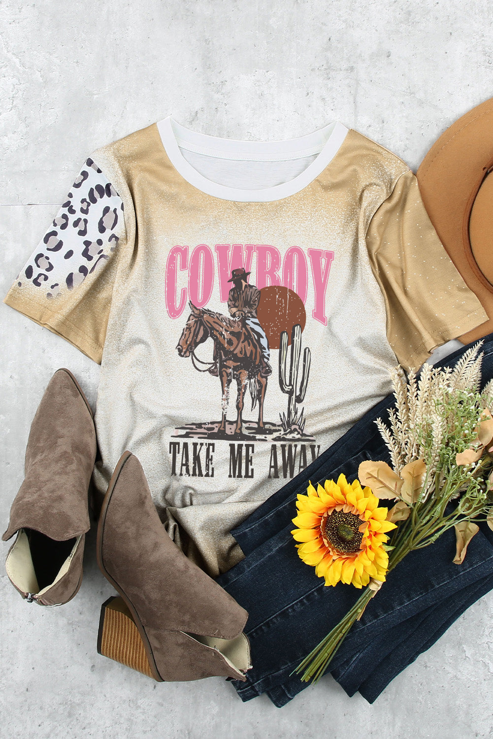 Western Cowboy Take Me Awya Bleached Graphic T Shirt | Khaki