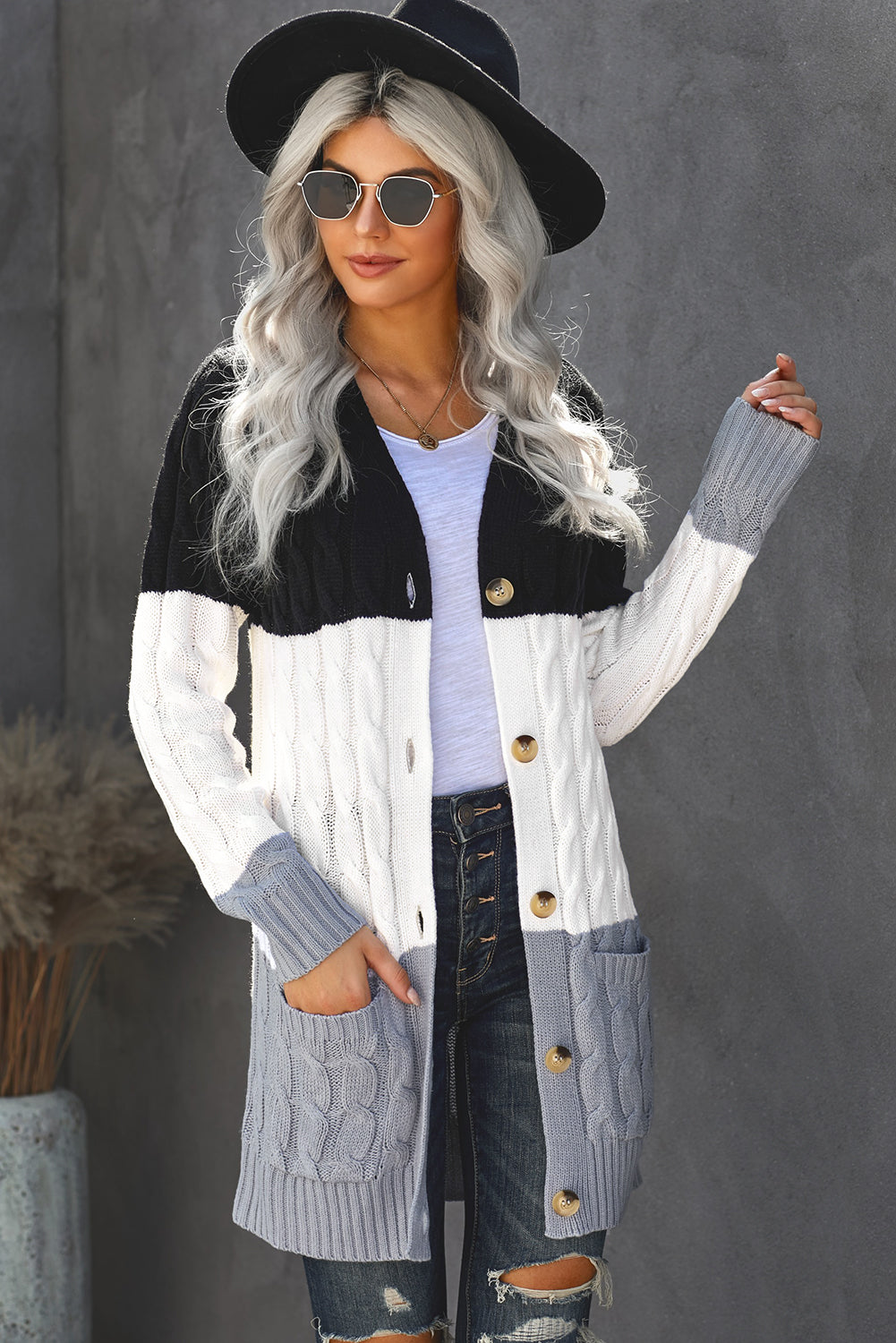 Colourblock Button Pocket Knit Cardigan | Black