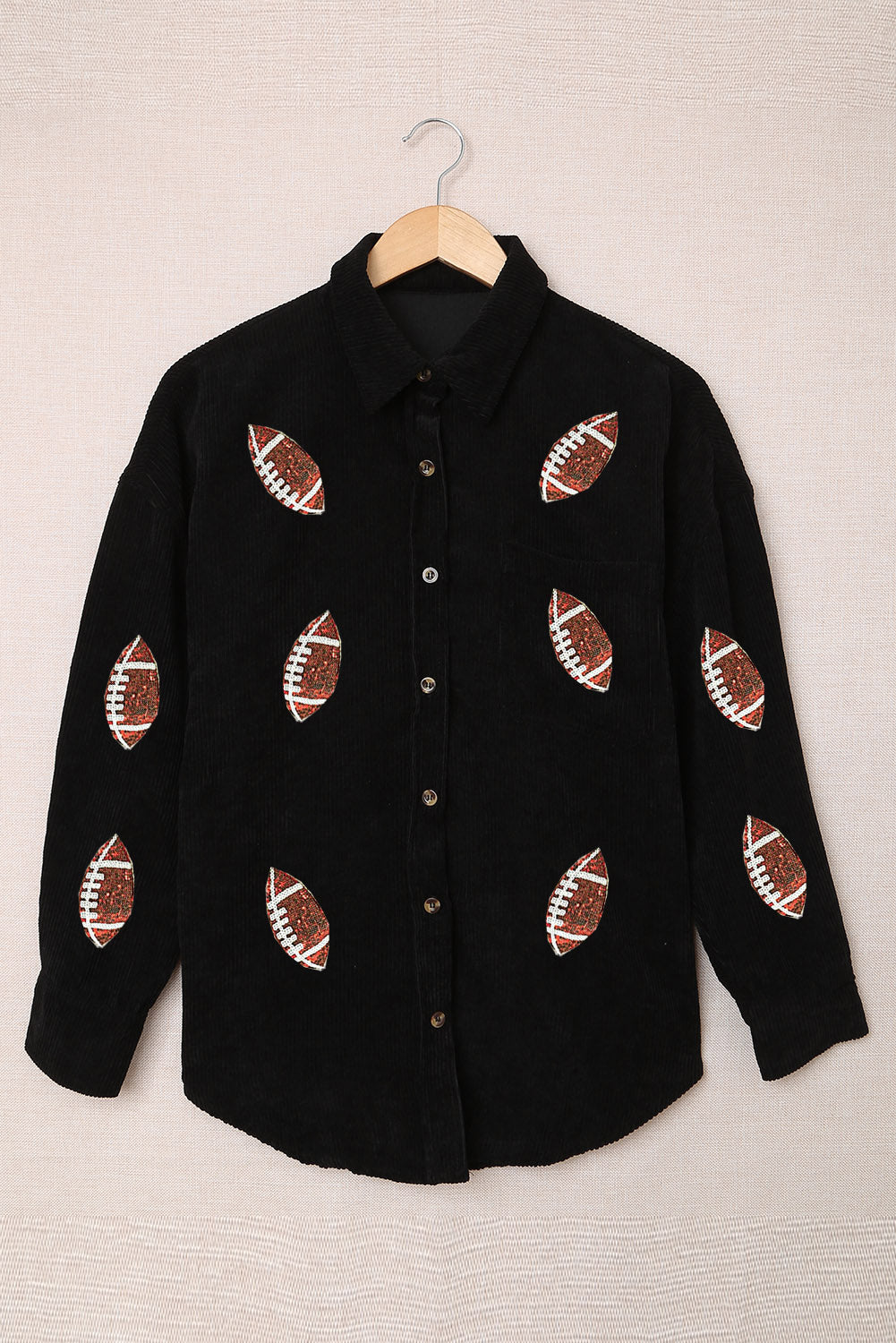 Sequin Rugby Pattern Buttoned Corduroy Shacket | Black