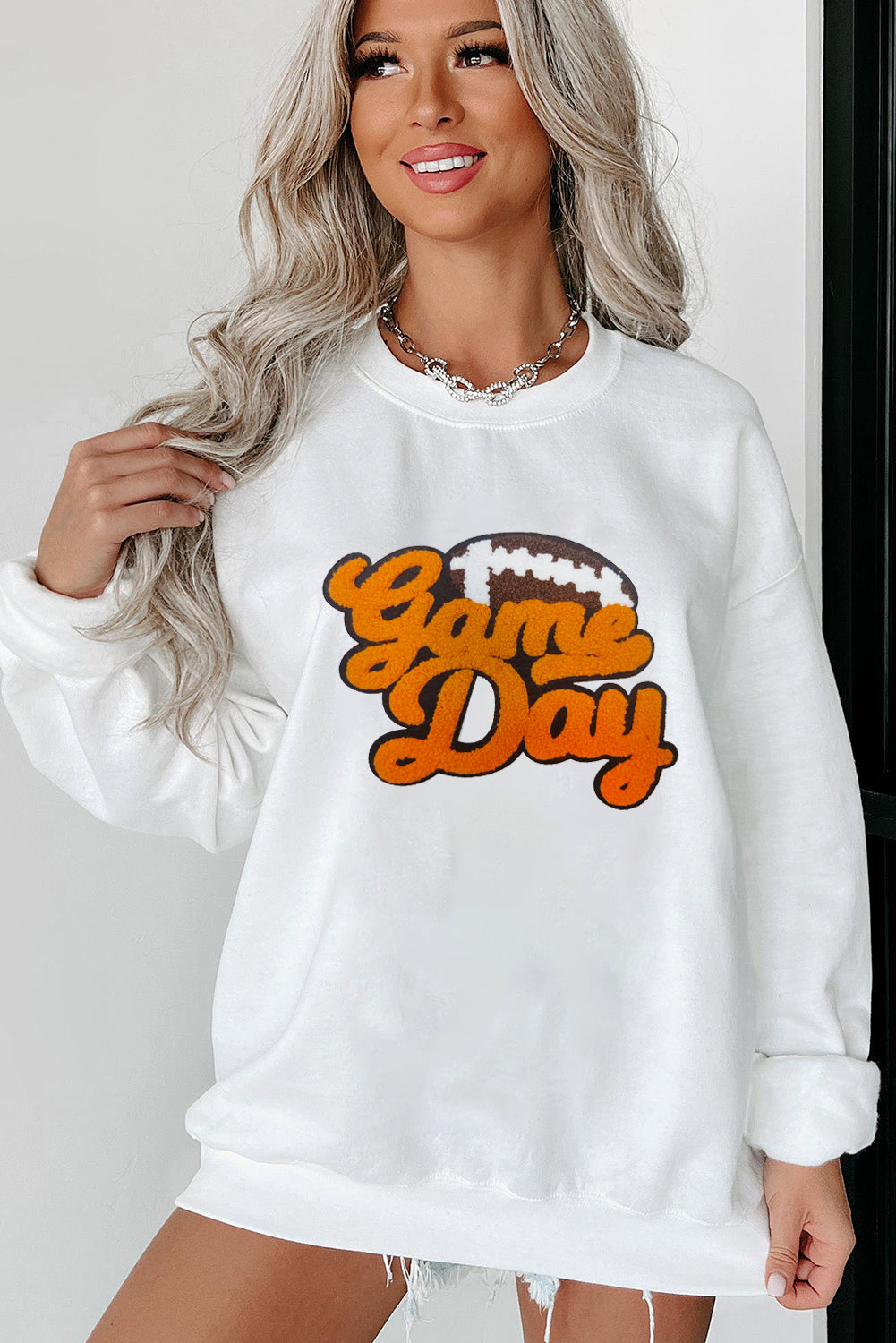 Chenille Game Day Rugby Football Pattern Pullover Sweatshirt | White