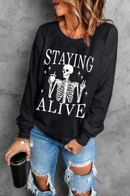 Staying Alive Skull Graphic Crewneck Halloween Sweatshirt | Black