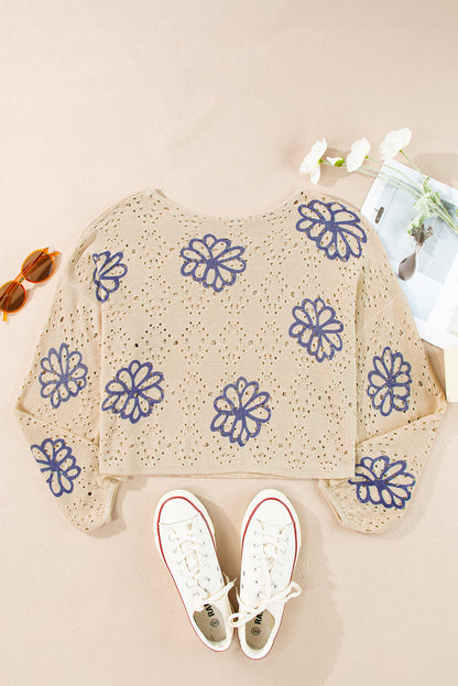 Contrast Flower Print Eyelet Drop Shoulder Sweater | Beige