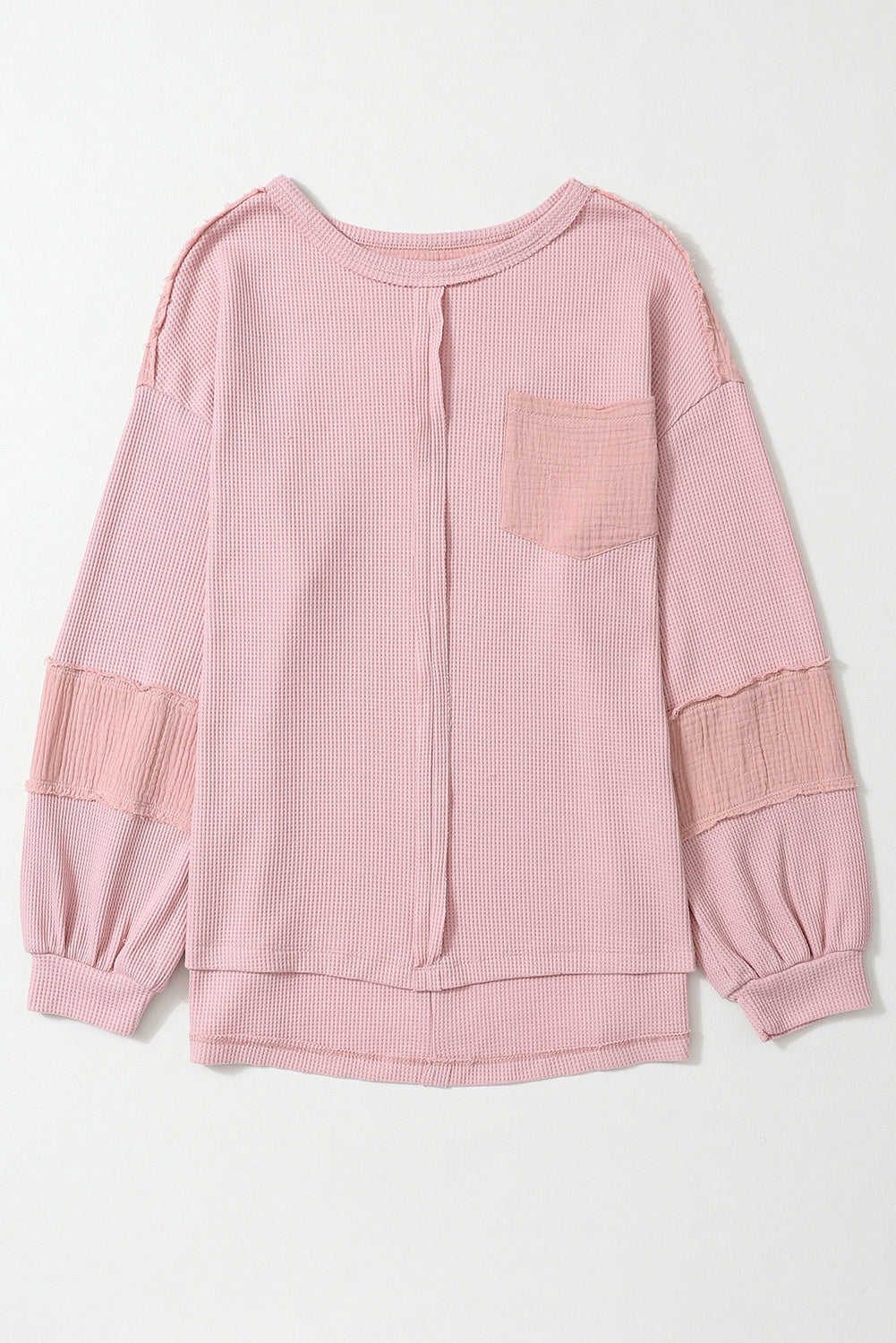 Exposed Seam Patchwork Bubble Sleeve Waffle Knit Top | Pink