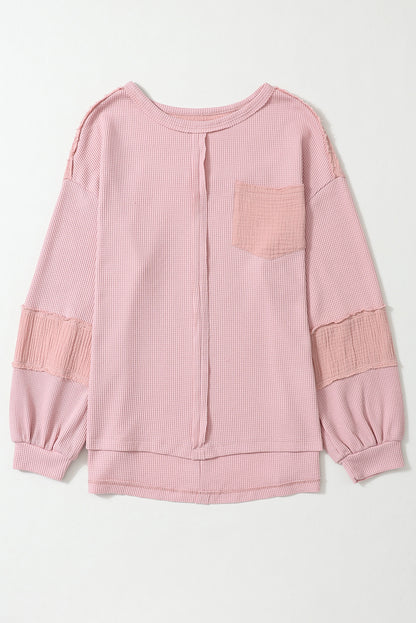 Exposed Seam Patchwork Bubble Sleeve Waffle Knit Top | Pink