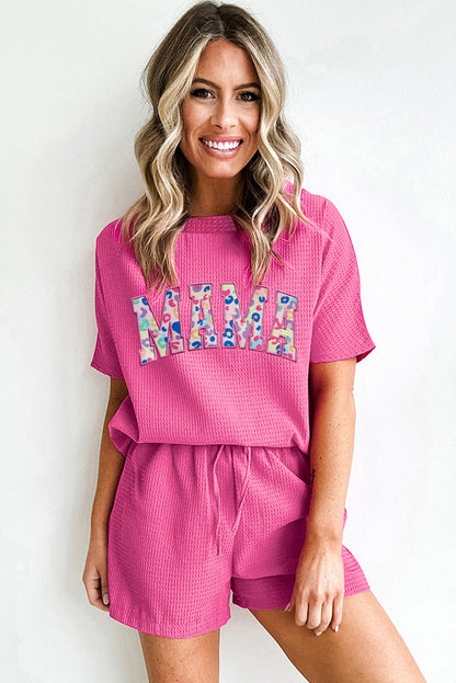 Mama Embroidered Leopard Letters Waffle Short Set | Rose Red