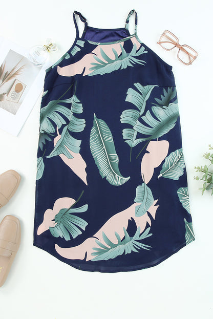 Palm Tree Leaf Print Navy Sleeveless Dress | as shown