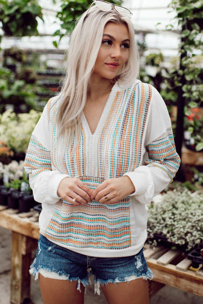 Striped Patchwork V Neck Drop Shoulder Knit Hoodie | Multicolour