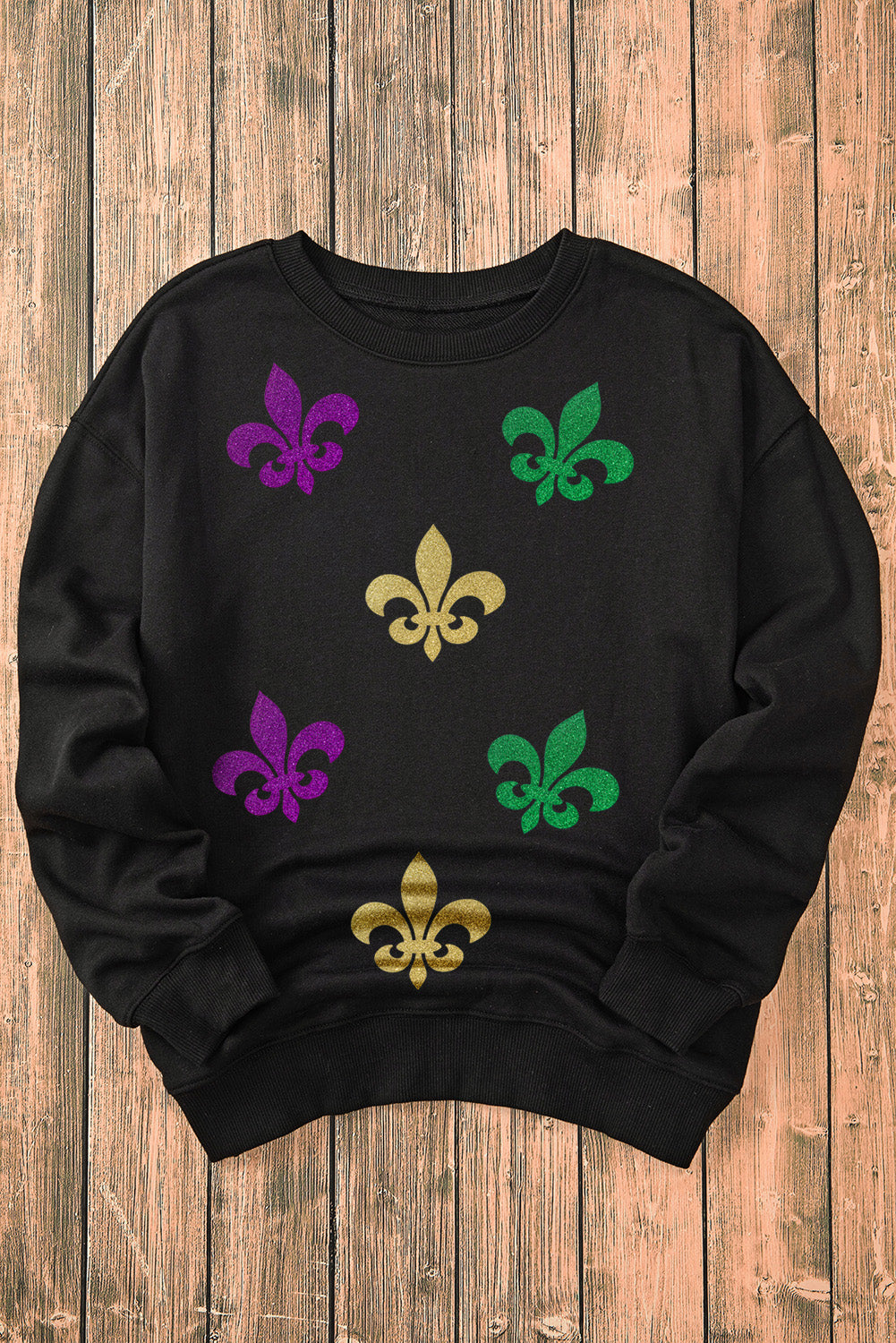 Mardi Gras Fleur De Lis Graphic Round Neck Pullover Sweatshirt | Black