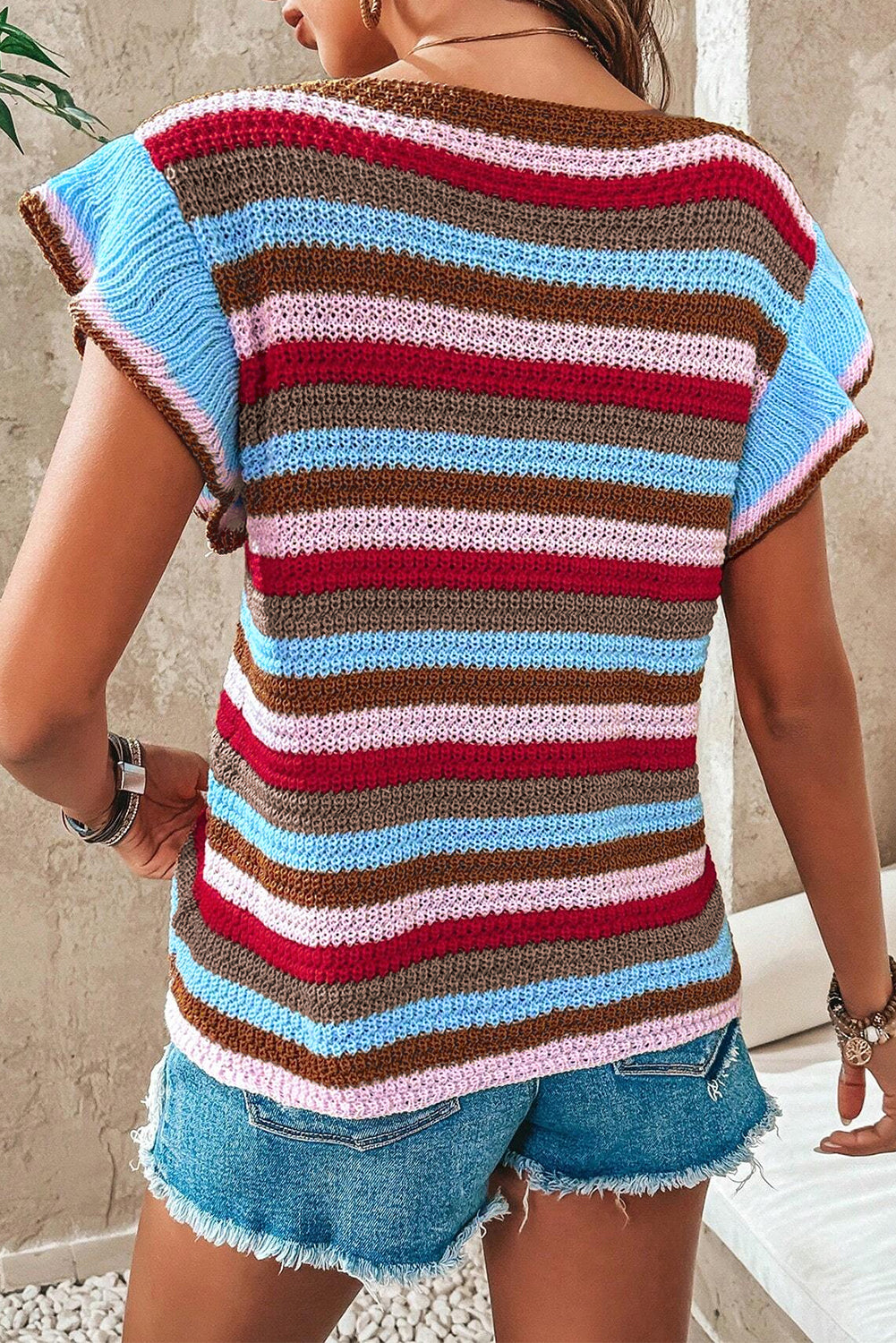 Striped Ruffled Sleeve V Neck Sweater | Multicolour