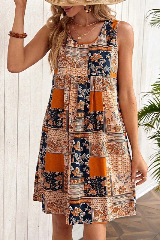 Retro Floral Patchwork Print Sleeveless Mini Dress | Orange