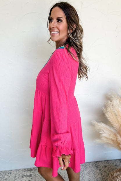 Colourful Crochet V Neck Textured Tiered Ruffled Long Sleeve Mini Dress | Rose Red