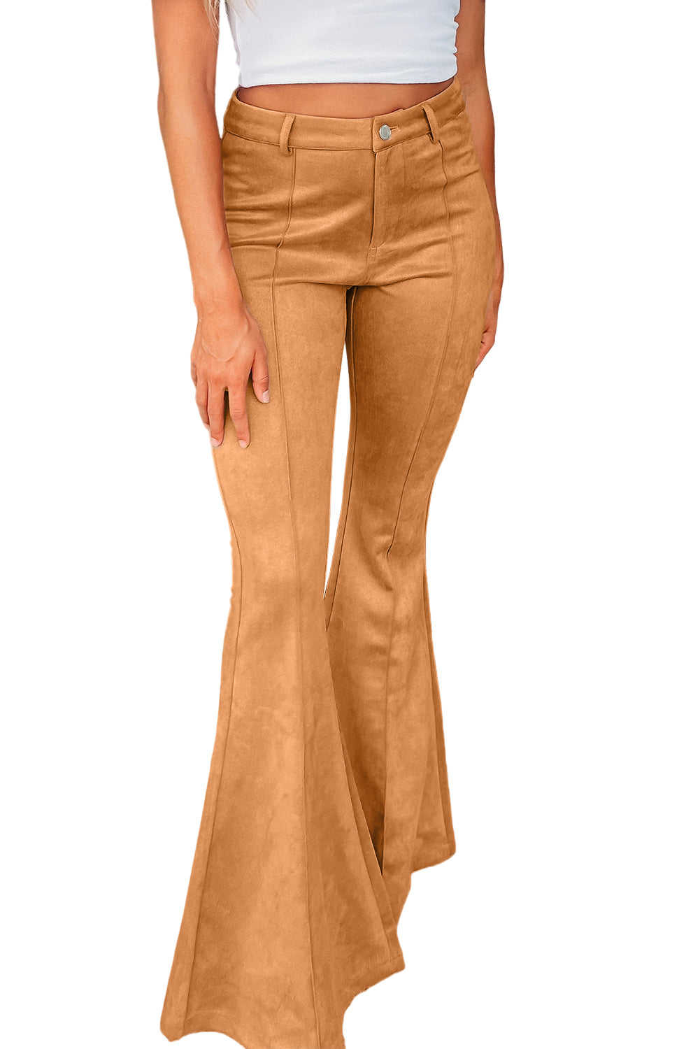 Exposed Seam Flare Suede Pants With Pockets | Brown