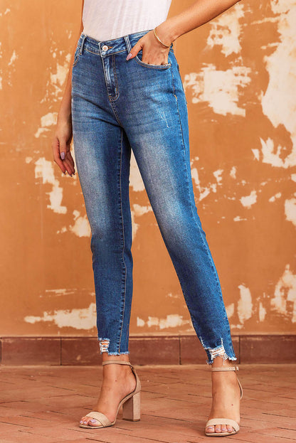 Raw Hem Ankle-Length Skinny Jeans | Blue