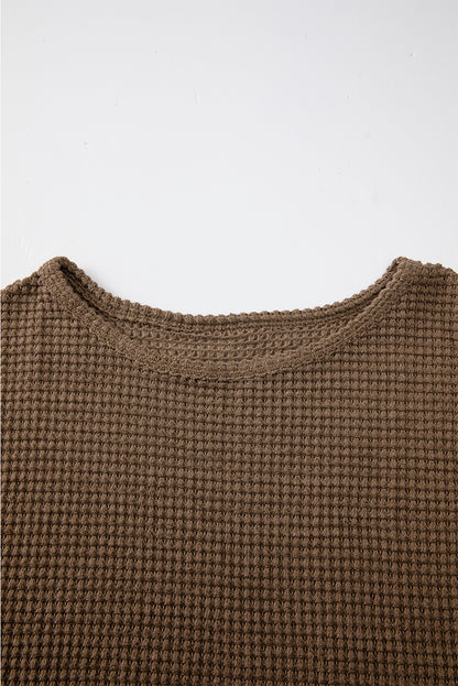 Waffle Knit Drop Shoulder Long Sleeve Top | Dark Brown