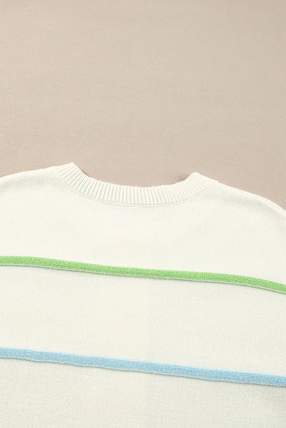 Rainbow Stripes Drop Shoulder Baggy Henley Sweater | White