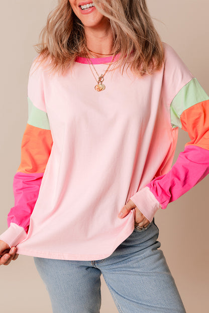 Colourblock Patchwork Long Sleeve Loose Top | Pink