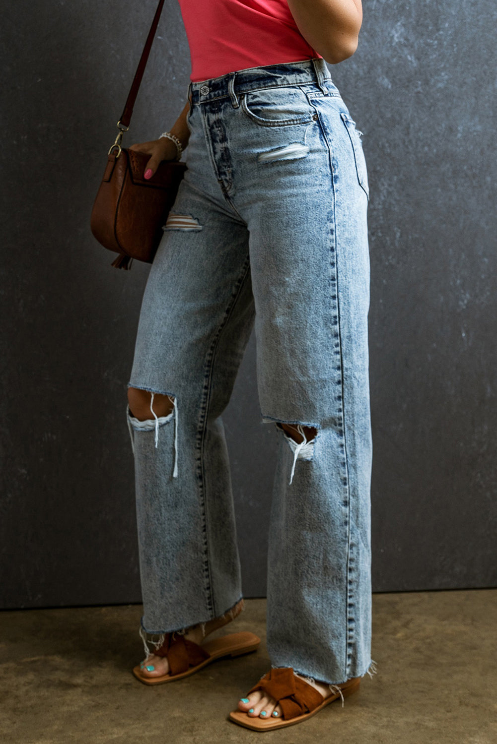 Distressed Ripped Raw Hem Straight Jeans | Light Blue