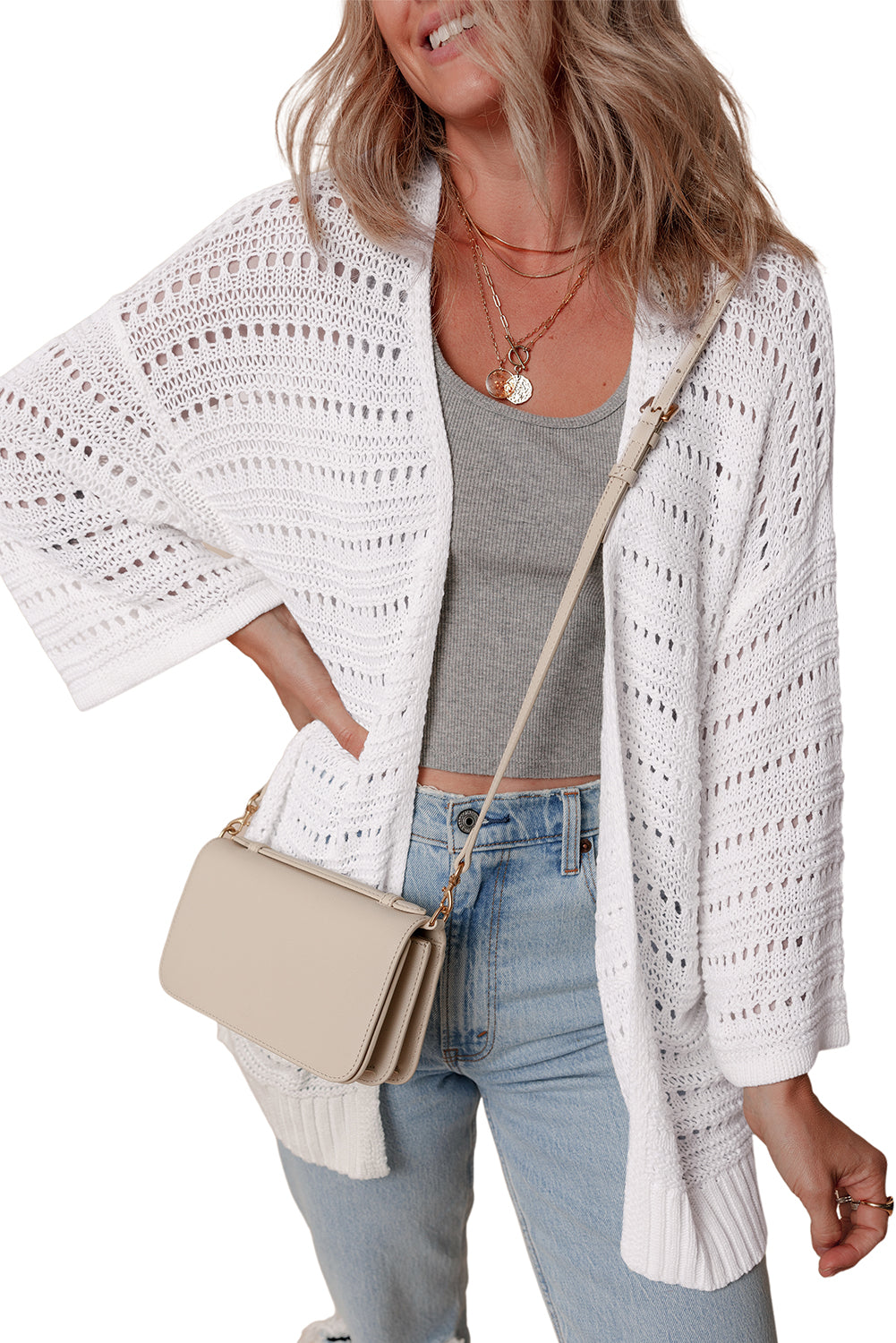 Pointelle Knit Bracelet Sleeve Open Cardigan | White