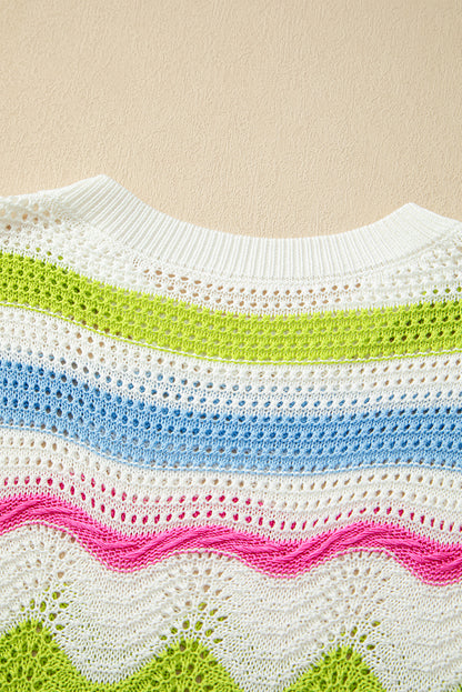 Colourblock Crochet Knit Ruffled Short Sleeve Sweater Top | White