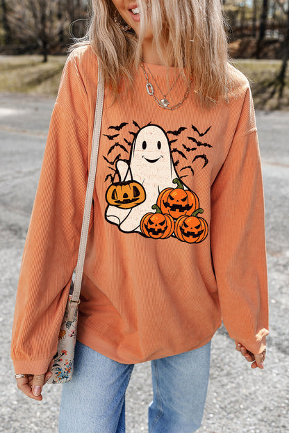 Halloween Ghost Pumpkin Bat Print Corded Pullover Sweatshirt | Orange