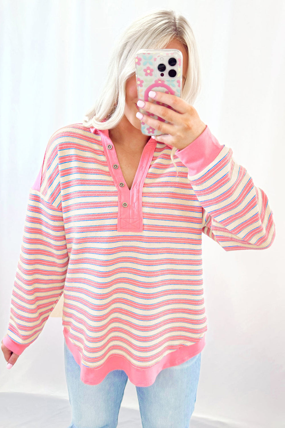 Buttoned V Neck Collared Drop Shoulder Top | Pink Stripe